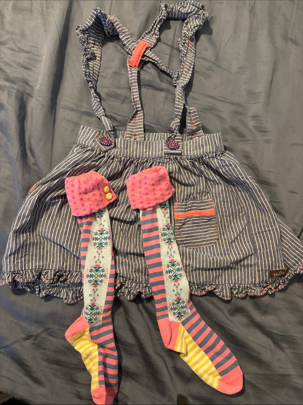 Matilda Jane Blue-and-White Striped Suspender Skirt with Pink Accent Knee Socks